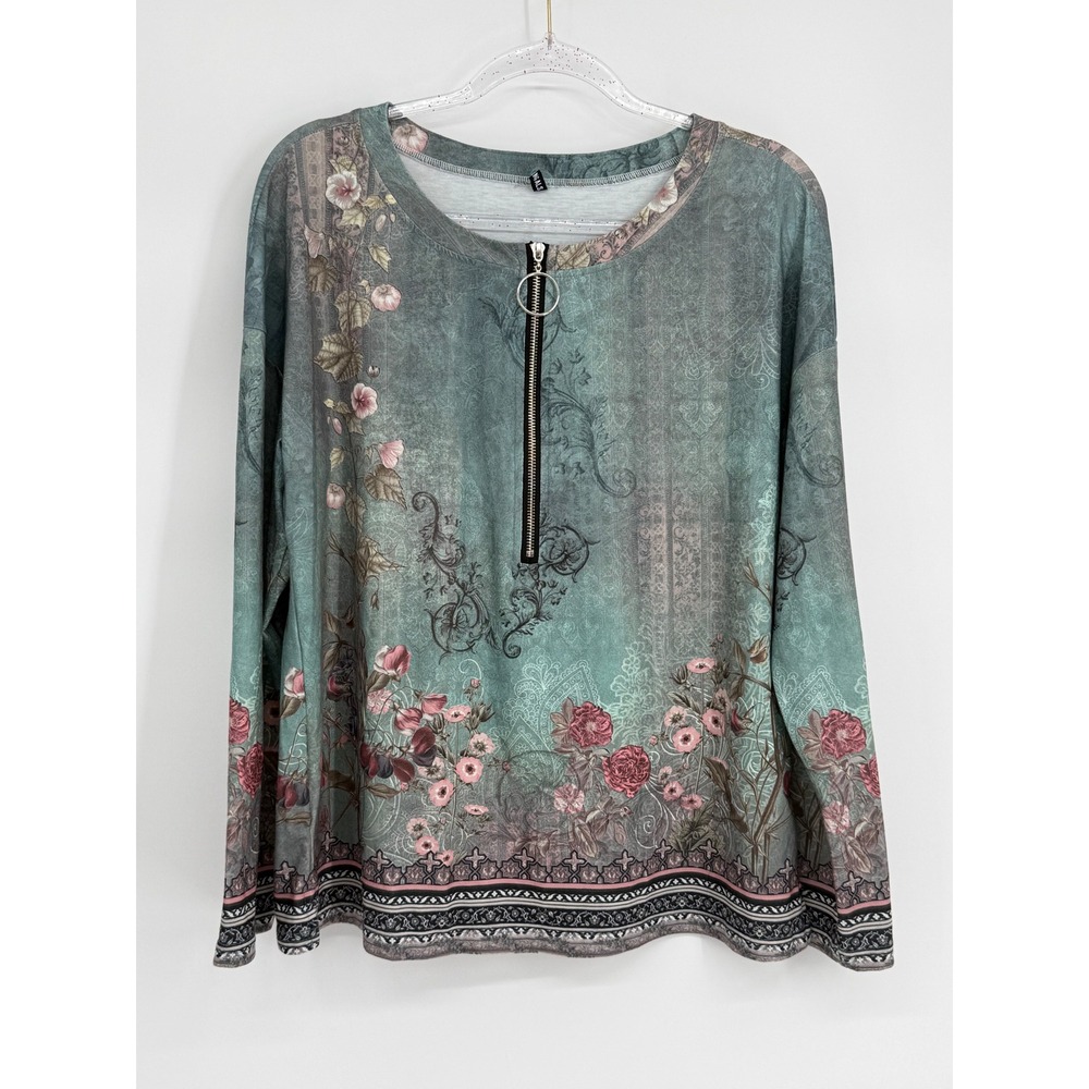 Flamingals Womens‎ Teal Floral Damask Quarter Zip Ring Pull Top Sz M